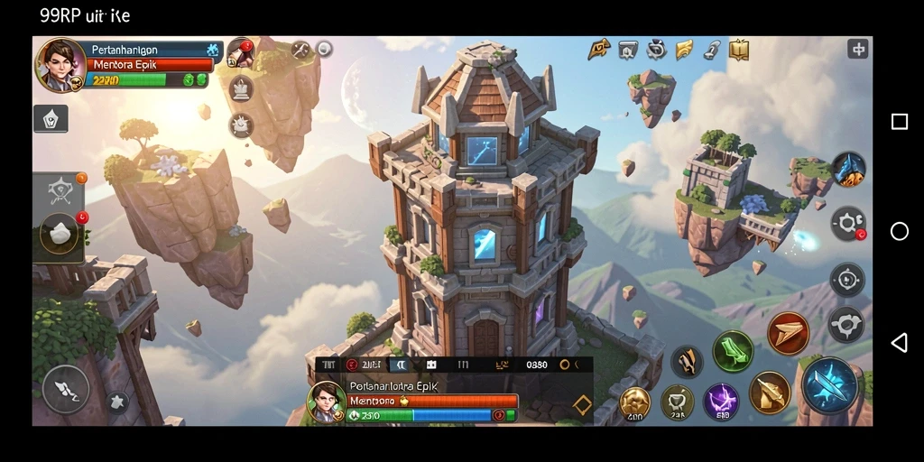 Screenshot gameplay 99RP yang menunjukkan pertarungan menara melawan gelombang musuh.