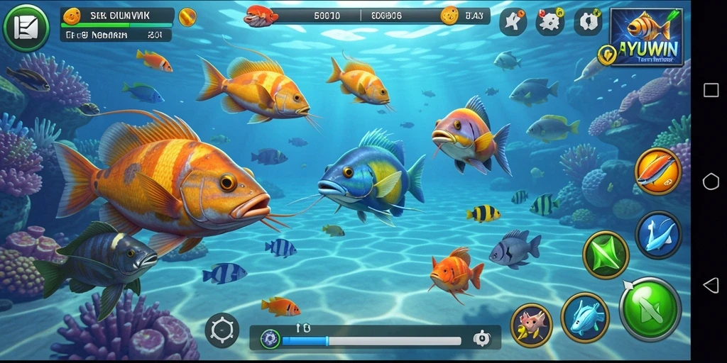 Screenshot dari gameplay AYUWIN menampilkan keseruan tembak ikan.