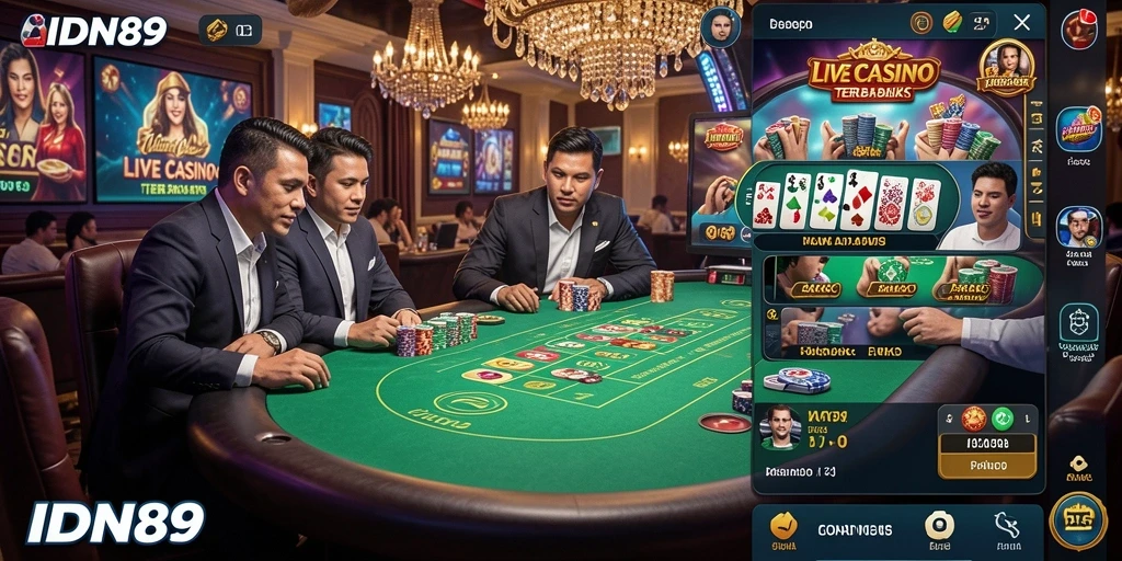 Screenshot gameplay live casino di IDN89 yang menampilkan dealer profesional.