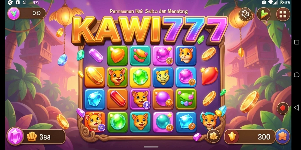 Tampilan permainan KAWI777 yang penuh warna di level Match-3.