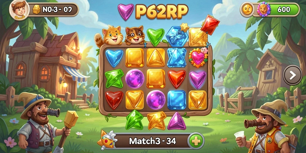 Screenshot utama RP62RP menampilkan gameplay Match-3 yang seru.