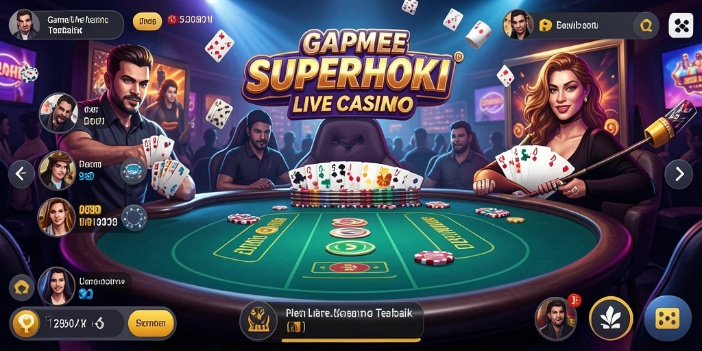 Screenshot gameplay SUPERHOKI menampilkan dealer dan pemain yang berinteraksi langsung.
